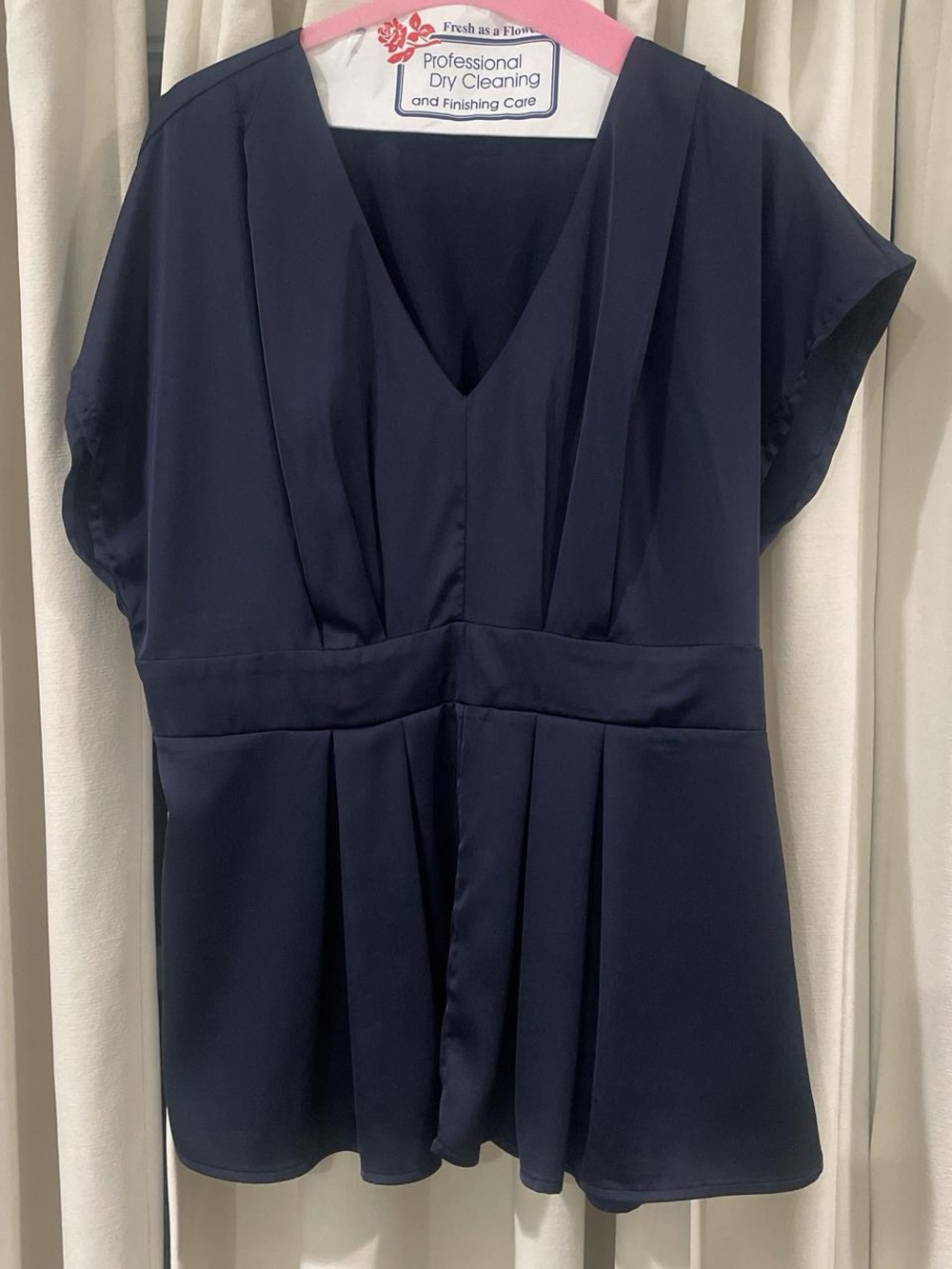 Women's Navy V-Neck Pleated Blouse